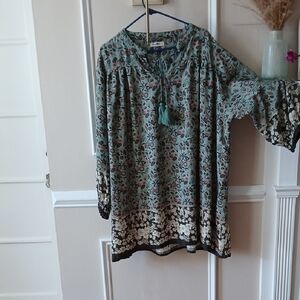NATURAL LIFE Sage Green Floral Tassel Tunic with Contrast Border